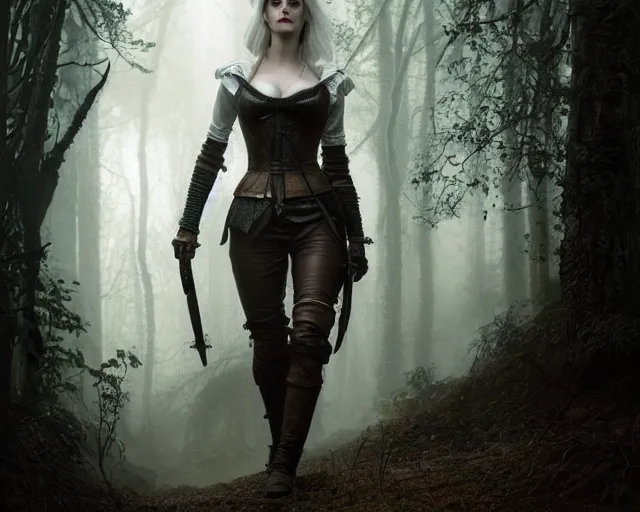 Prompt: 5 5 mm portrait photo of a real life tough looking eva green as ciri in brown leather armor with silver hair and a large scar along her left cheek, in a magical forest. dark atmosphere. art by greg rutkowski. highly detailed 8 k. intricate. lifelike. soft light. nikon d 8 5 0.