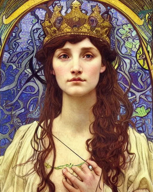 Image similar to detailed realistic beautiful young medieval queen face portrait by jean delville, alphonse mucha, vincent van gogh, and marco mazzoni, art nouveau, symbolist, visionary, gothic, pre - raphaelite