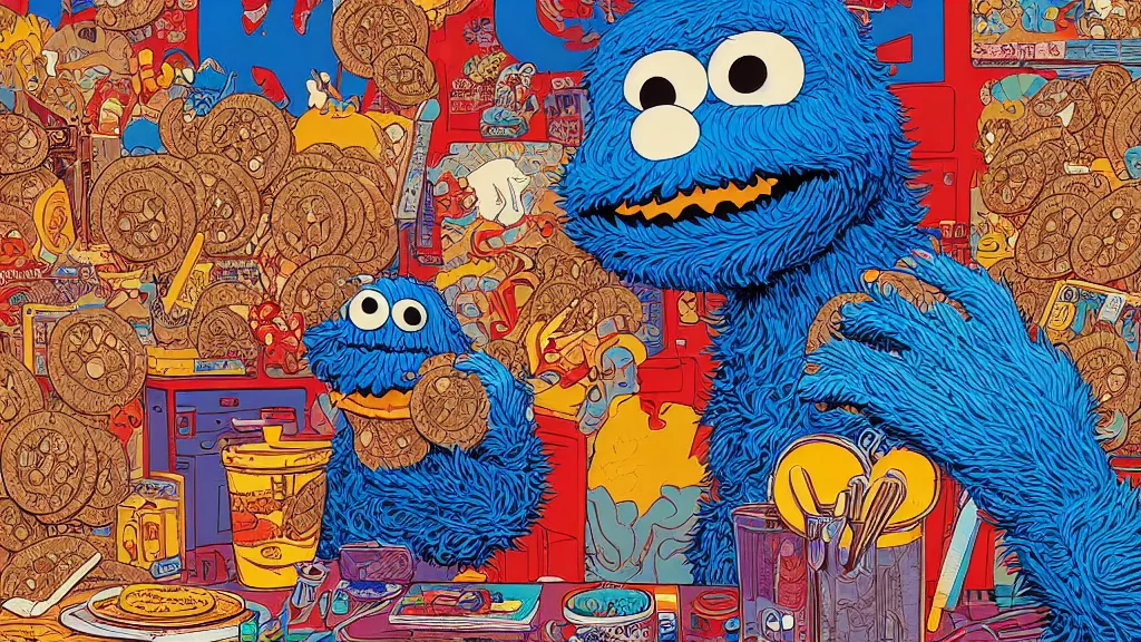 Prompt: highly detailed illustration of cookie monster in the 1 9 7 0 s, by moebius, by oliver vernon, by joseph moncada, by damon soule, by manabu ikeda, by kyle hotz, by dan mumford, by otomo, 4 k resolution