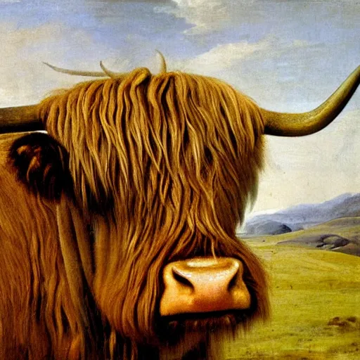Prompt: oil portrait painting by hans holbein the elder of a highland cow.