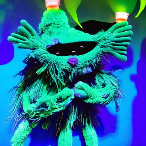 Image similar to a cat of bioluminescent aquatic themed puppets aimed to bring awareness to ocean pollution, in the style of muppets, black light, lighting from spongebob the musical on broadway, neon, real, photograph, cinematic