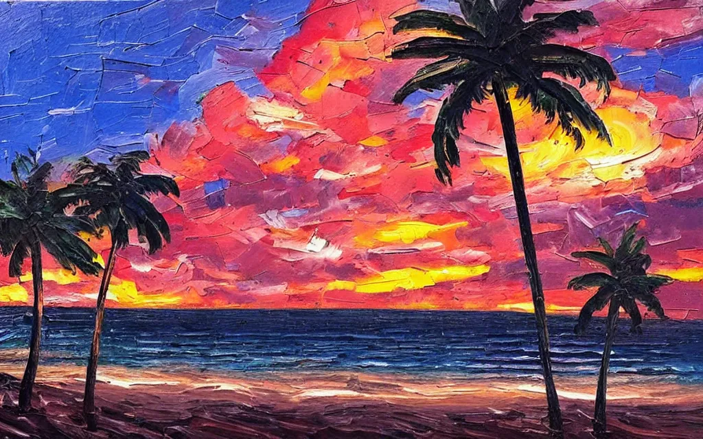 Image similar to a very very small island! with a paved patio, cute cozy large cottage!! with chairs and string lights!!!, palm trees, dark very late evening cloudy sunset, dramatic and dynamic lighting, thick brush strokes oil impasto painting