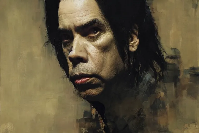 Image similar to a portrait of nick cave, masterpiece, dramatic lighting, stunning painting by ruan jia