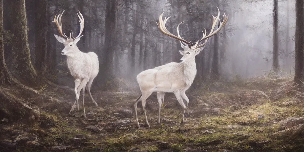 Image similar to an oil painting of the king of the forest: a white stag, beautiful, fantasy, hyper realistic, dramatic lighting, 8k,