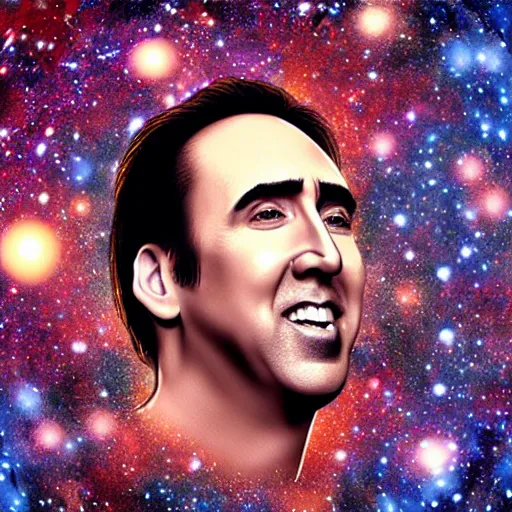 Prompt: nicholas cage very happy expression, cosmic starfield background digital art