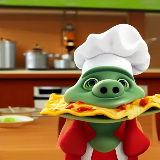 Image similar to pixar 3 d style cute platypus on a kitchen wearing a chef hat and holding a lasagna into an oven, pixar style, 3 d, ratatouille style