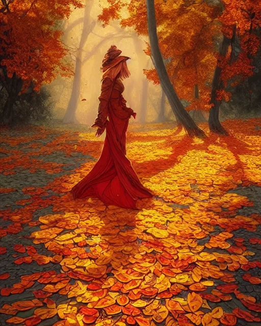 Prompt: Golden autumn, Spreads out Spreads out the leaves, Colorful leaves are lying on the ground, colorful autumn trees, red-yellow colors, falling leaves, D&D, fantasy, intricate, elegant, highly detailed, digital painting, artstation, concept art, matte, sharp focus, illustration, art by Artgerm and Greg Rutkowski and Alphonse Mucha, masterpiece, stunning, artstation