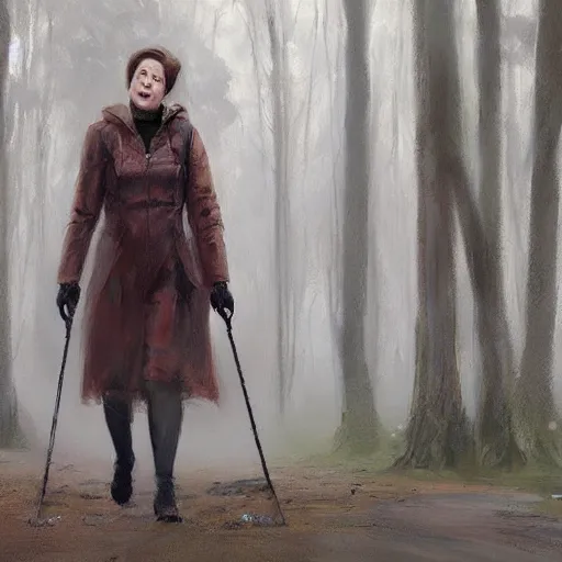 Prompt: supreme court justice elena kagan going for a walk in the woods, digital art by ruan jia and mandy jurgens and artgerm, highly detailed, trending on artstation, award winning