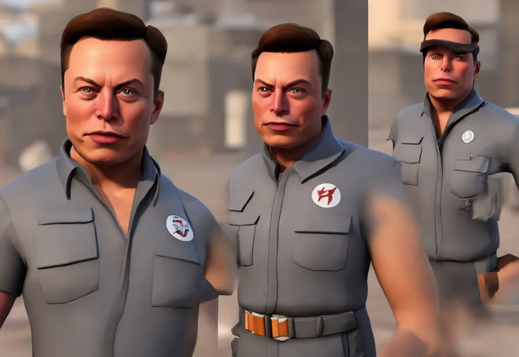 Image similar to elon musk in team fortress 2, elon musk in the video game team fortress, gameplay screenshot, close up, 3 d rendering. unreal engine. amazing likeness. very detailed.