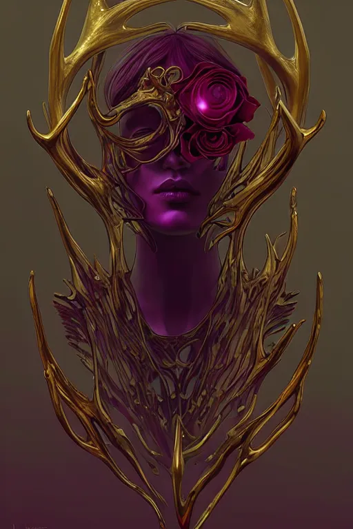 Prompt: 👁🌹👾, phantom, dreary, dramatic, fluid, golden ratio, artstation, moebius + loish, hd, antlers