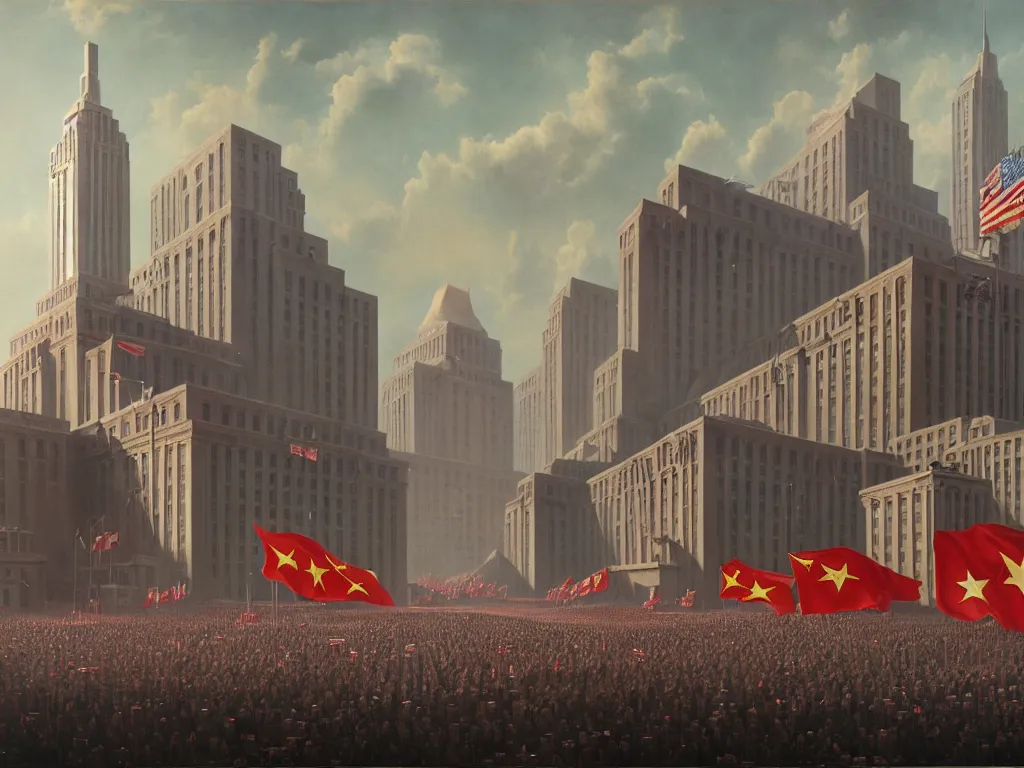 Image similar to matte painting by fan wennan. communist american future capitol shining in the sun after the triumph of socialism in america, hyperdetailed, cinematic, photorealistic, hyperrealism, masterpiece, grounded rectangular communist governmental architecture, statue, imposing, strength, abundance. american communist party. america 2 0 9 8