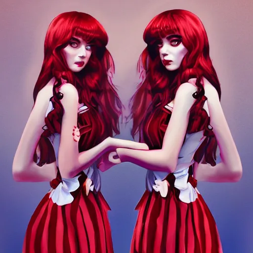 Image similar to twins wearing a lolita dress, full body shot, red hair, highly detailed, digital painting, artstation, concept art, smooth, sharp focus, illustration