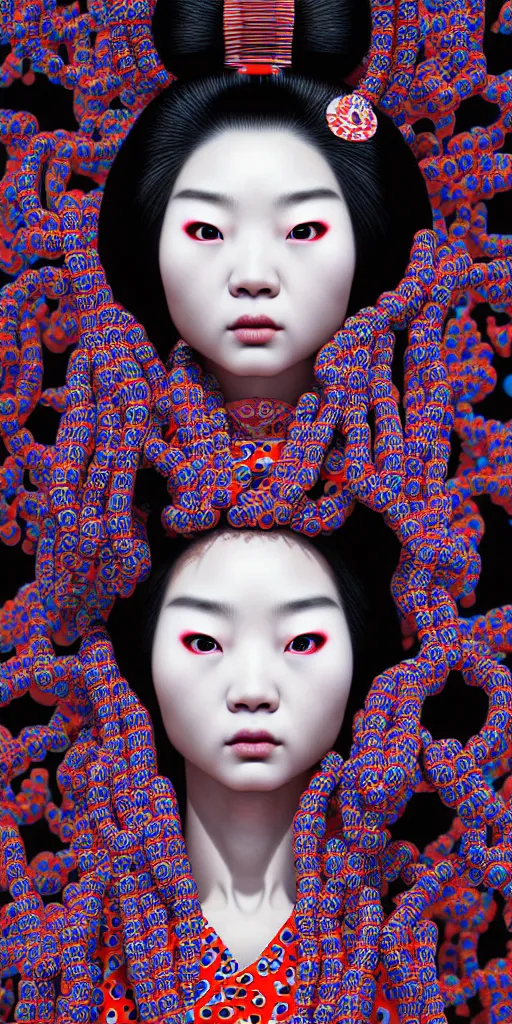 Prompt: hyperrealistic detailed image of a geisha in a art installation room, hd smooth interior by yayoi kusama, part by kei mieno, part by ross tran, dark art by james jean, ultra realistic, highly detailed, life like face, detailed body, 8 k, 3 d render by roger magrini, very cohesive, masterpiece
