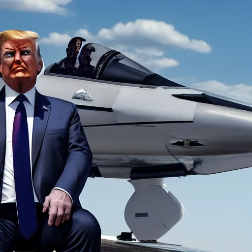 Image similar to Donald Trump with jet fighter pilots body, realistic artstyle, wide shot, dramatic lighting, octane render, hyperrealistic, high quality, highly detailed, HD, beautiful, cinematic, 8k, unreal engine, facial accuracy, symmetrical