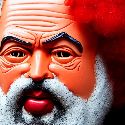 Prompt: Karl Marx as Ronald McDonald, smilingz close up, hyper realistic, high detail skin, good lighting, sharp focus