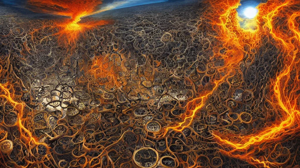 Image similar to the seven circles of hell in the styles of igor morski, jim warren, and rob gonsalves, intricate, volumetric lighting, fiery, imaginative