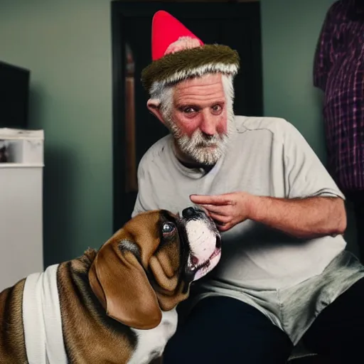 Image similar to Buddy the graying middle aged homeless man playing xbox and petting King Charles the english bulldog wearing a crown, dog wearing a crown, photo by Wes Anderson