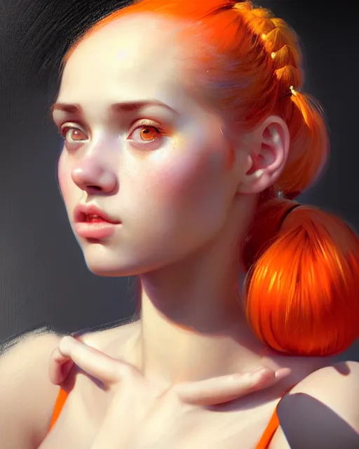 Prompt: young woman with orange pigtails, beautiful girl, close up portrait, bright, highkey, realistic, serov, surikov, vasnetsov, repin, kramskoi, uplight, insanely detailed, charlie bowater, tom bagshaw, octane rendered, unreal engine, illustration, trending on artstation, masterpiece