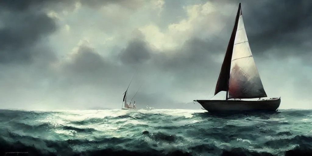 Image similar to sailboat with horizon and dark clouds, dramatic lighting, beautiful views, painterly concept art, joanna gaines, environmental concept art, farmhouse, magnolia, concept art illustration by ross tran, by james gurney, by craig mullins, by greg rutkowski trending on artstation