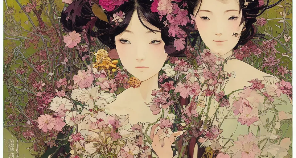 Image similar to oil painting, long shot, beautiful floralpunk japanese bio mechanical female illustration detailed patterns art of japan traditional dress, flower pop art, floral splash painting, art by ashley wood, alphonse mucha, makoto shinkai, geof darrow, dark shadow