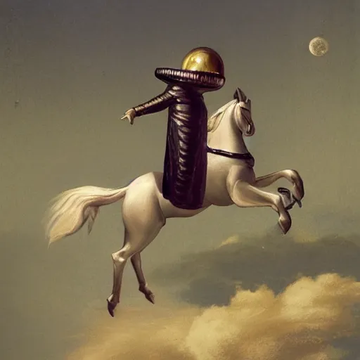 Image similar to the moon riding an astronaut on a horse