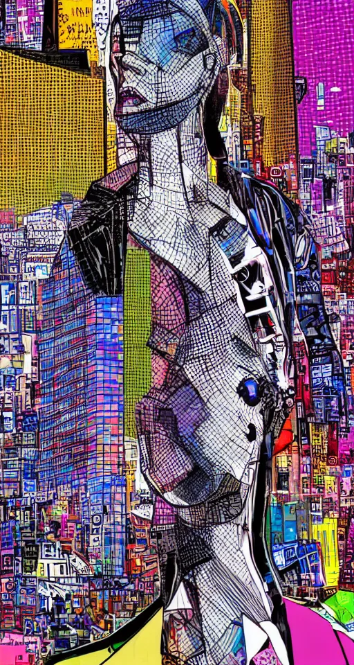 Prompt: cypherpunk fashion illustration, camera face, pop art, city street background with high tall buildings, central park, abstract portrait highly detailed, finely detailed, shadows realism