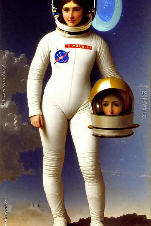 Image similar to a portrait of a female astronaut, wearing a spacesuit and helmet, by bouguereau