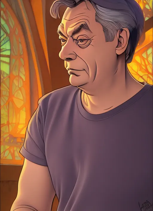 Image similar to art viktor orban, sad expression, t - shirt, modern casual clothing, natural lighting, path traced, highly detailed, high quality, cartoon, digital painting, by don bluth and ross tran and studio ghibli and alphonse mucha