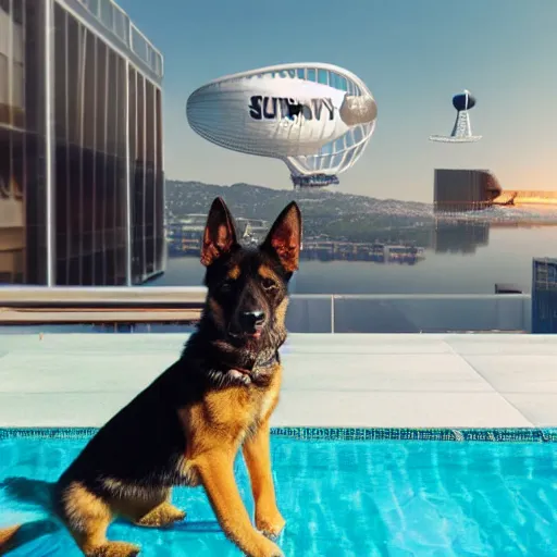 Image similar to a swanky gsd puppy relaxing at a swanky pool on a swanky penthouse rooftop with a futuristic blimp anchor in the background, 8K, 4K, photorealistic, ultrarealistic, UE5, Octane, 3D, digital art, RTX, Ray Tracing, Bokeh, happening vibe