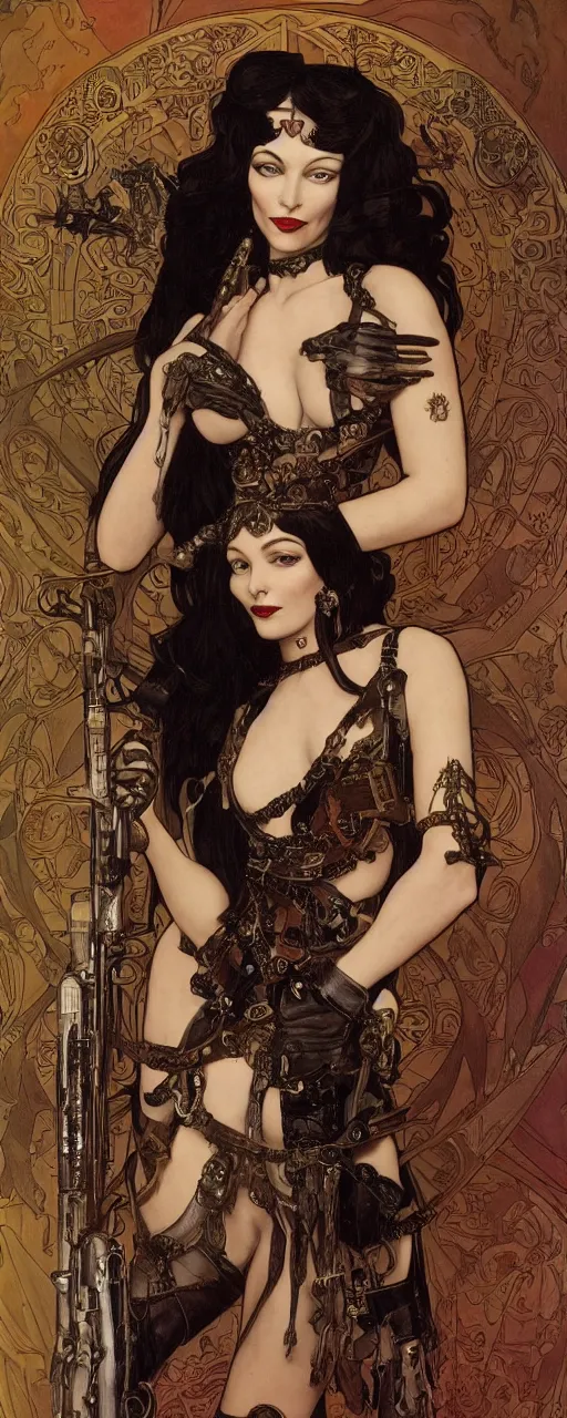 Prompt: a beautiful sensual ironpunk art nouveau style portrait of morticia adams as a rebel soldier by chris achilleos, moebius, olivia de bernardinis and alphonse mucha, photorealism, extremely hyperdetailed, perfect symmetrical facial features, perfect anatomy, ornate declotage, weapon, high technical detail, confident expression, wry smile