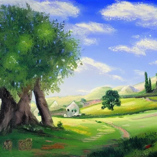 Image similar to landscape painting of the shire, bag - end, painting by bob ross