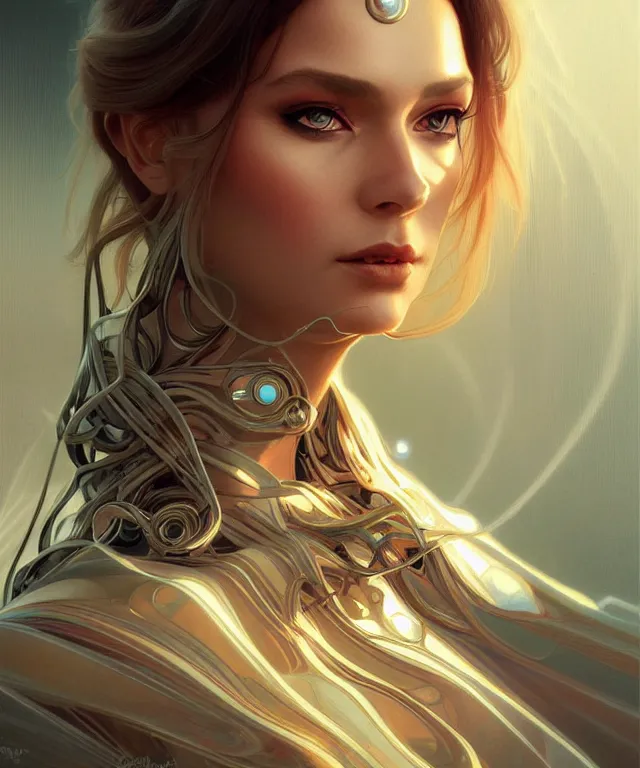 Image similar to futuristic dress woman portrait, sci-fi, amber eyes, face, long hair, fantasy, intricate, elegant, highly detailed, digital painting, artstation, concept art, smooth, sharp focus, illustration, art by artgerm and greg rutkowski and alphonse mucha