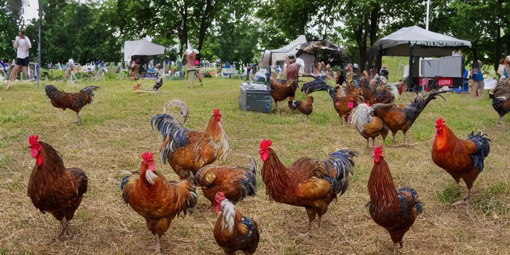 Prompt: summer music festival full of hen and roosters. no humans. tex fowl