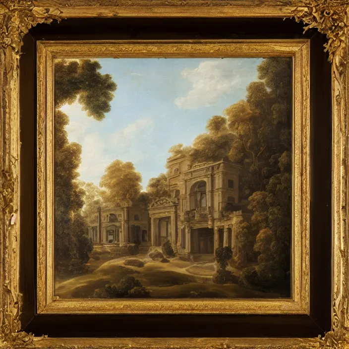 Image similar to a building in a serene landscape, rococo art