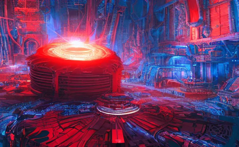 Prompt: giant Plasma fusion reactor power station, red, blue , hyperrealistic mixed media, stunning 3d render inspired art by P. Craig Russell and Barry Windsor-Smith + perfect facial symmetry + dim volumetric lighting, 8k octane beautifully detailed render, post-processing, extremely hyperdetailed, intricate futuristic mechanic parts, epic composition, grim yet sparkling atmosphere, cinematic lighting + masterpiece, trending on artstation