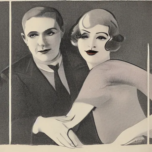 Image similar to a 1 9 2 0 s illustration portrait of two people, focus on their faces, - they were careless people, tom and daisy - they smashed up things and creatures and then retreated back into their money or their vast carelessness or whatever it was that kept them together, and let other people clean up the mess they had made.