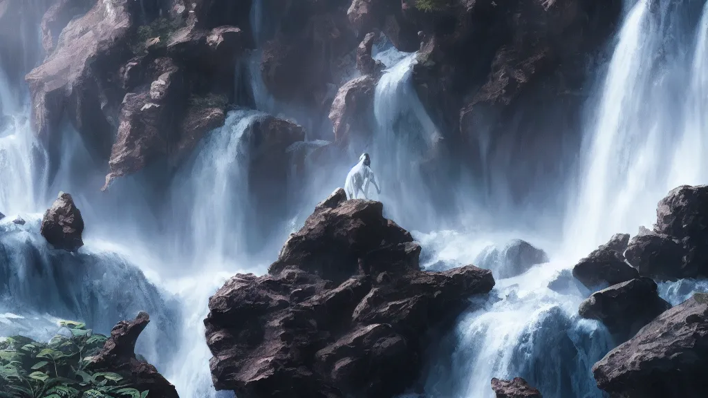 Image similar to close up of a flying ghost!!!, , waterfall in the background, hyperdetailed, artstation, cgsociety, 8k