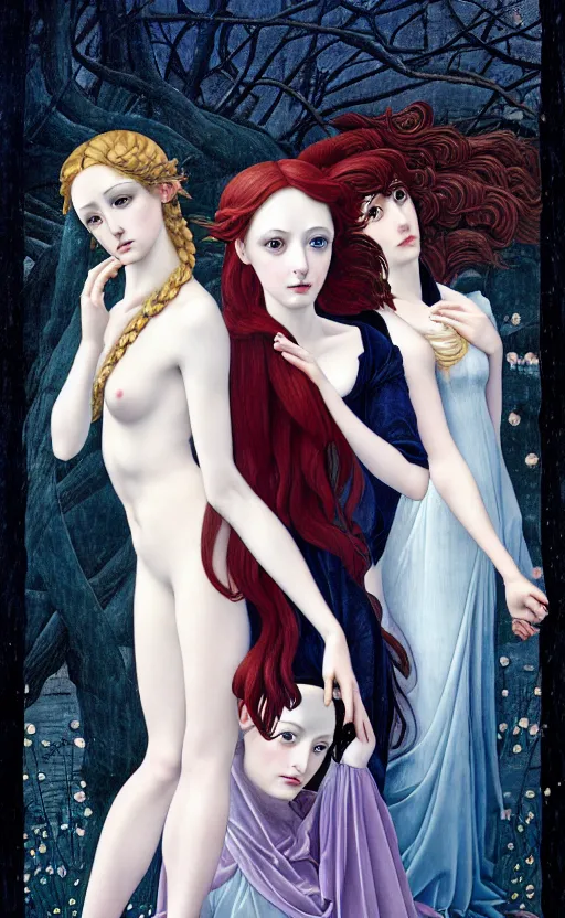 Image similar to 3 muses, (Representing the 3 months of December, January, and February), in a mixed style of Botticelli and Æon Flux, inspired by pre-raphaelite paintings, shoujo manga, and Harajuku street fashion, sparse frozen landscape, dark and moody colors, hyper detailed, super fine inking lines, dramatic lighting, 4K extremely photorealistic, Arnold render