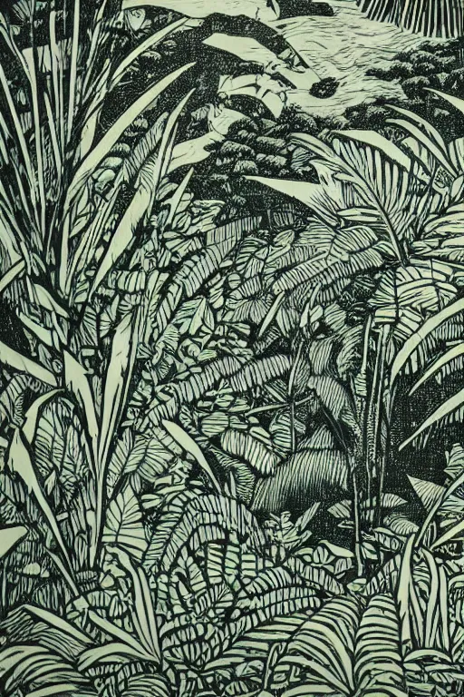 Prompt: a beautiful woodcut print of a lush jungle, 8 k, frostbite 3 engine, cryengine, dof, trending on artstation, digital art, crepuscular ray, art by valerie lueth and tugboat printshop