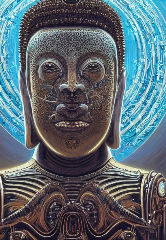 Prompt: a perfectly centered and symmetrical portrait of a biomechanical robot buddha, intense stare, sarcastic smile, volumetric lighting, volumetric shadows, highly detailed, realistic oil painting by tim hilderbrandt and alex grey,