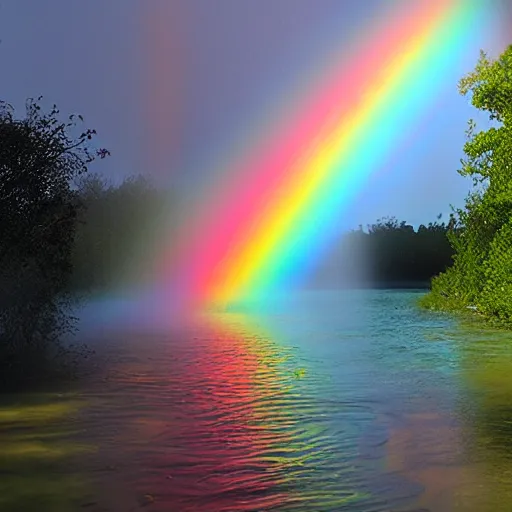 Prompt: rainbow river, rainbow river, rainbow river, volumetric lighting