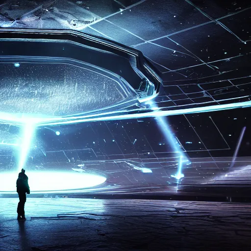 Image similar to a spaceship beaming a light underneath, lasers all over the scene, strobe lights, winter, dark scenery, dark lighting, cinematic, cold freezing nights, laser lights, crybernetic, top floor boss shit, destroy lonely, black floor, lavish, luxurious, marble walls, cinematic, hyper realism, high detail, octane render, 8 k