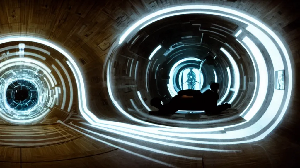 Image similar to an mri image open mri machine time tunnel portal in the living room, film still from the sci fi movie directed by denis villeneuve with art direction by salvador dali, wide lens