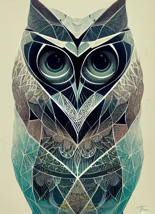 Image similar to portrait of a geometric owl, identical eyes, medium shot, illustration, full body made of white feathers, symmetrical, art stand, super detailed, cinematic lighting, and its detailed and intricate, gorgeous, by peter mohrbacher