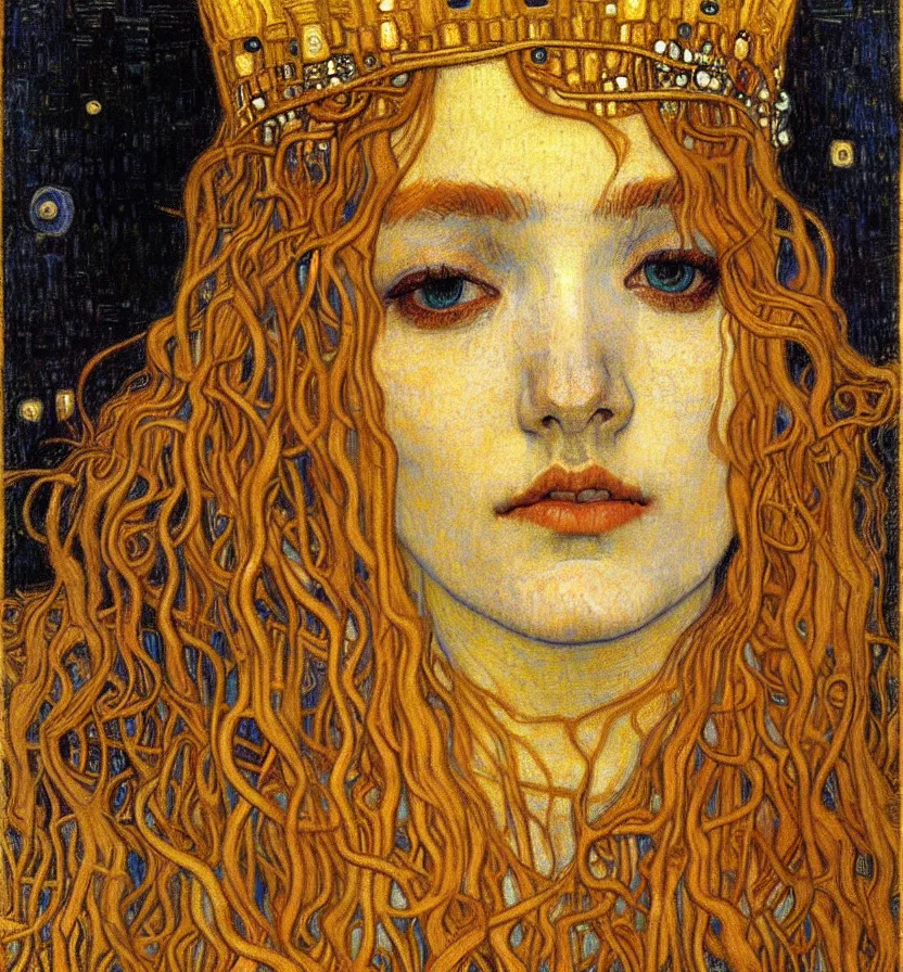 Image similar to detailed realistic beautiful young medieval queen face portrait by jean delville, gustav klimt and vincent van gogh, art nouveau, symbolist, visionary, gothic, pre - raphaelite, muted earthy colors, desaturated