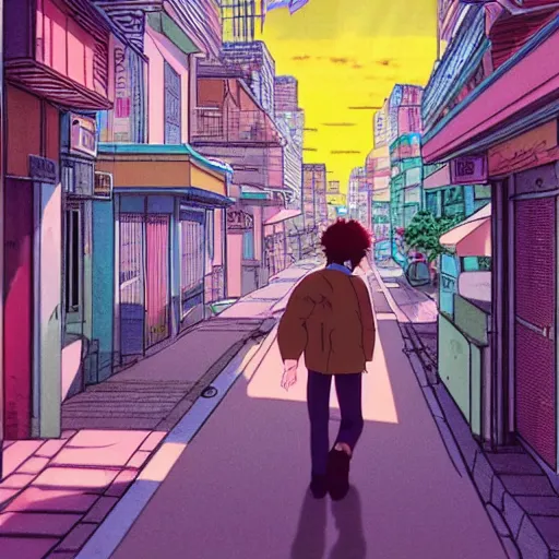 Image similar to man walking streets of quarter latin, sprite, vaporwave nostalgia, directed by beat takeshi, visual novel cg, 8 0 s anime vibe, kimagure orange road, maison ikkoku, sketch by osamu tezuka, directed by makoto shinkai and beat takeshi