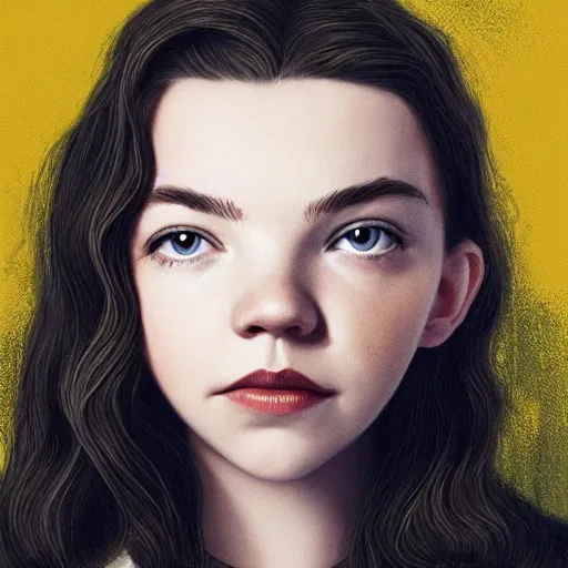 Prompt: A portrait of Anya Taylor Joy with a wider head and bigger eyes, hyper realistic.