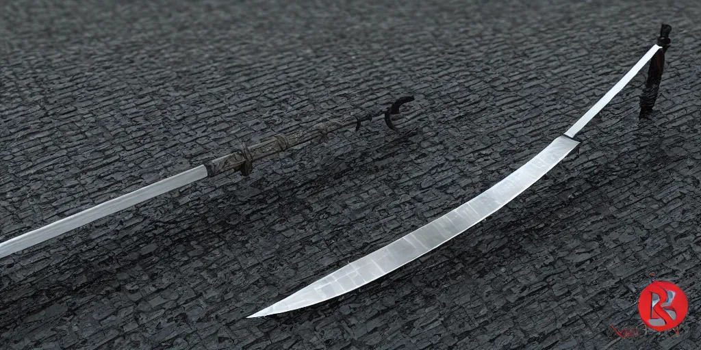 Image similar to Full Katana with Water Blade made only out of flowing and only Water, artstyle from Rzky Dar, the blade is made out of steel with a dragon sigil, a water stream goes like spiral around the blade, white background, raytracing,