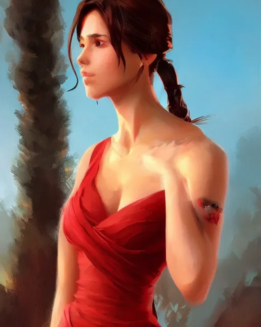 Image similar to elegant lara croft in a red evening dress, portrait, illustration, rim light, top light, summer clear blue sky, perfectly shaded, soft painting, art by krenz cushart and wenjun lin