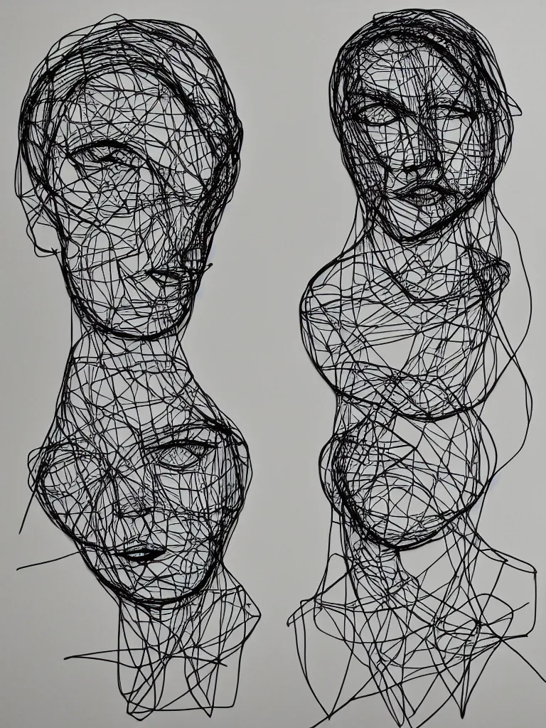 Image similar to elegant minimal thick metal wire art of a symmetrical and expressive female human facial features and body, influenced by gejza schiller portraits